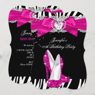 Zebra Hot Pink High Heel Shoe Black Birthday 4 Invitation