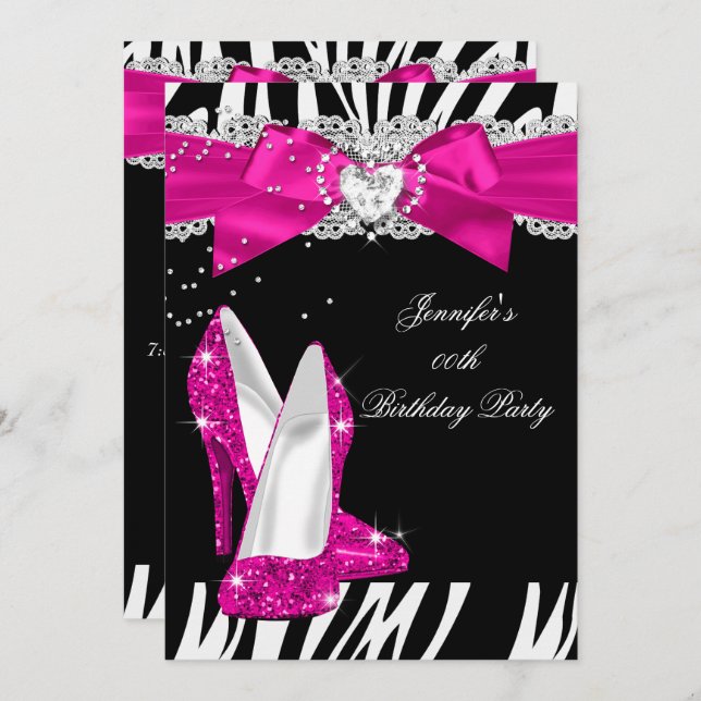 Zebra Hot Pink High Heel Shoe Black Birthday 4 Invitation (Front/Back)