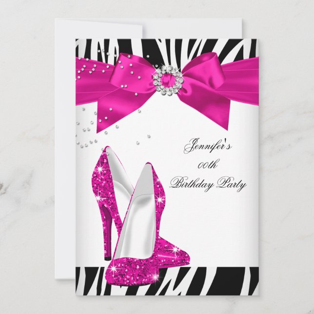 Zebra Hot Pink High Heel Shoe Black Birthday Bow Invitation (Front)