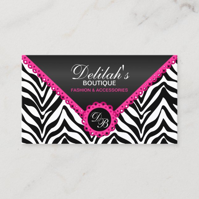 Zebra Hot Pink Lace Black Shimmer Look Monogram Business Card (Front)