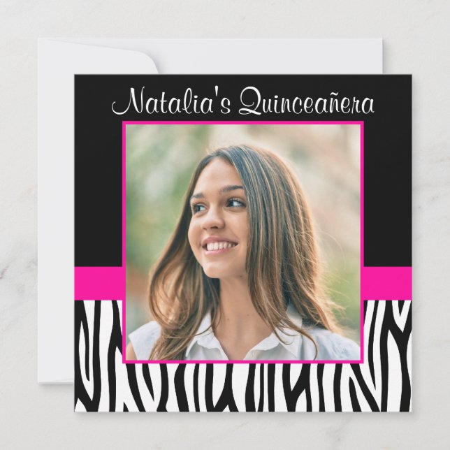 Zebra Hot Pink Photo Quinceanera Invitations (Front)
