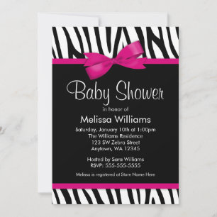 Zebra Hot Pink Printed Bow Baby Shower Invitation