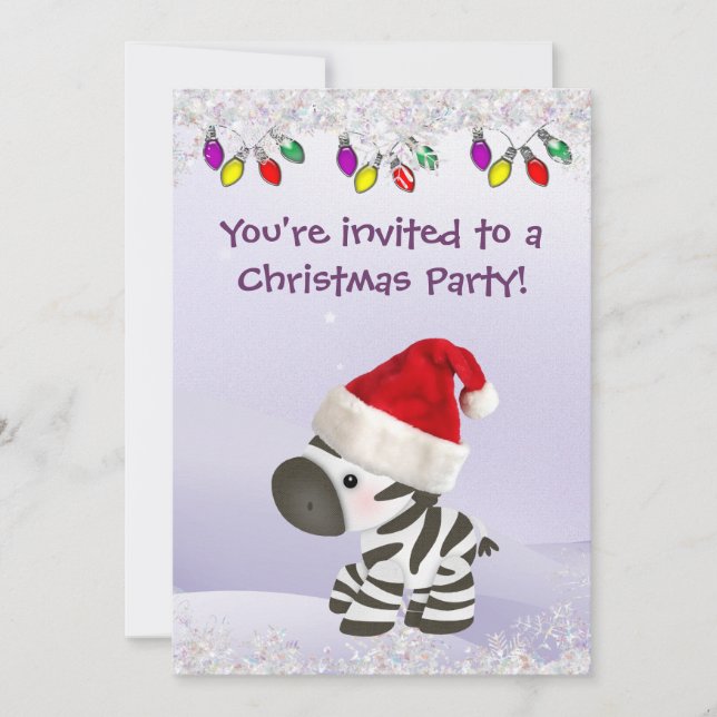 Zebra in Santa Hat, Snow & Christmas Lights Invite (Front)