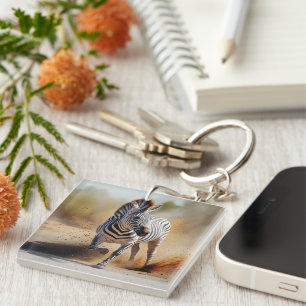 Zebra in the Wild Dramatic Sunset Safari Art Key Ring