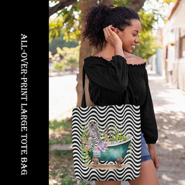 Zebra in Tub Black White Wavy Stripes Psychedelic Tote Bag (Zebra in Tub Black White Wavy Stripes Psychedelic Tote Bag, large bag, all-over-print bag, shopping)