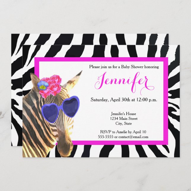 Zebra jungle animal fashion glamour baby shower invitation (Front/Back)