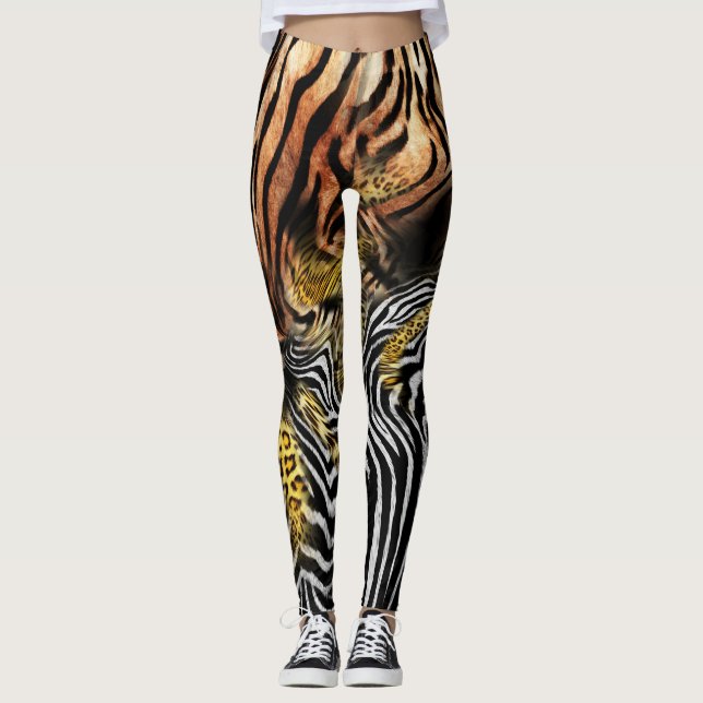 Zebra Leopard Skin Mixed Pattern Leggings (Front)