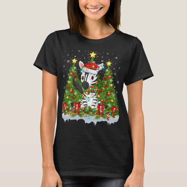 Zebra Lighting Xmas Tree Lover Funny Zebra Christm T-Shirt (Front)