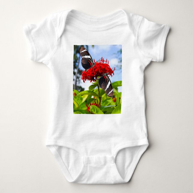 Zebra longwing butterflies on red flowers baby bodysuit (Front)