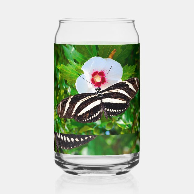 Zebra longwing butterfly on a Hibiscus Red  Can Glass (Back)