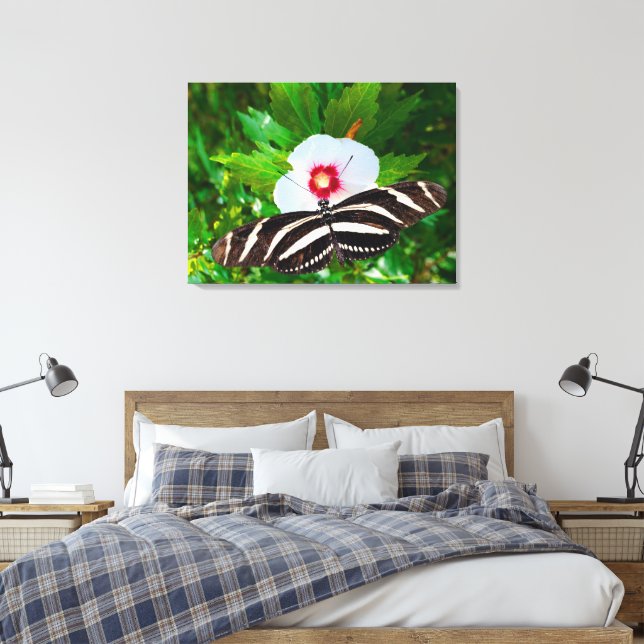 Zebra longwing butterfly on a Hibiscus Red Heart Canvas Print (Insitu(Bedroom))