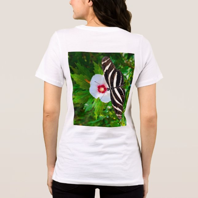Zebra longwing butterfly on a Hibiscus Red T-Shirt Tri-Blend Shirt (Back)