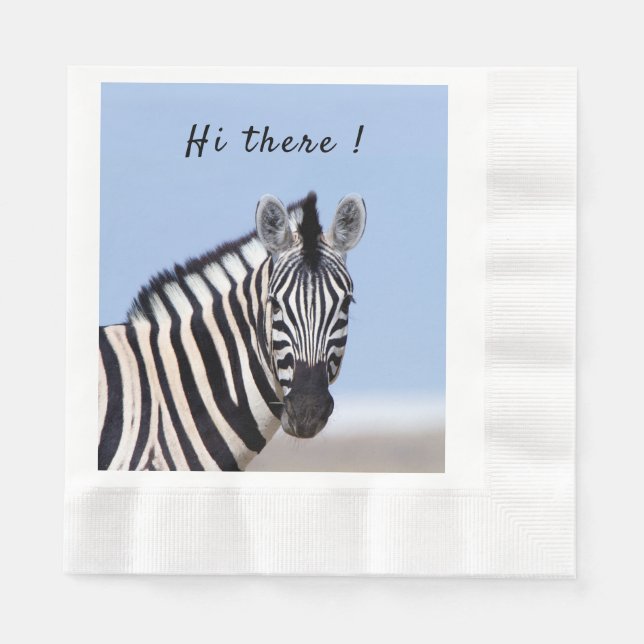 Zebra looking at you with blue sky photo text napkin (Front)