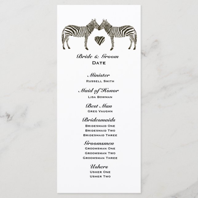 Zebra Love Wedding Program Programme (Front)