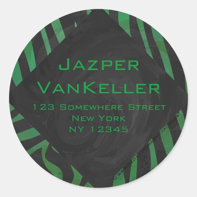 Zebra Monogram Black and Green Print Classic Round Sticker (Front)