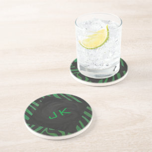 Zebra Monogram Black and Green Print Coaster