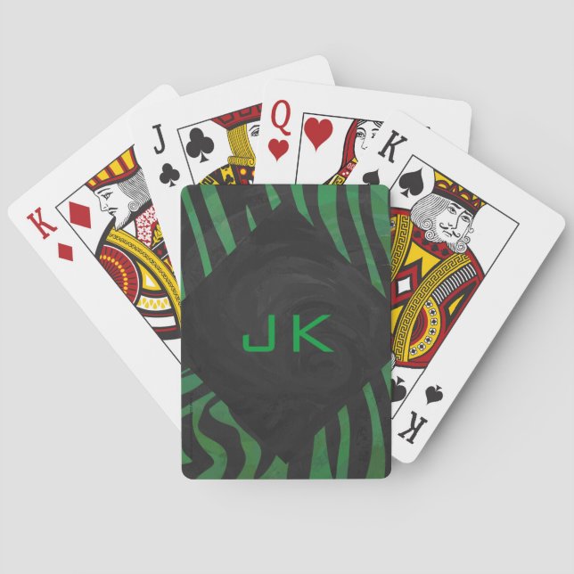 Zebra Monogram Black and Green Print Playing Cards (Back)