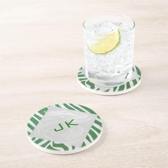 Zebra Monogram Green and White Print Coaster (Side)