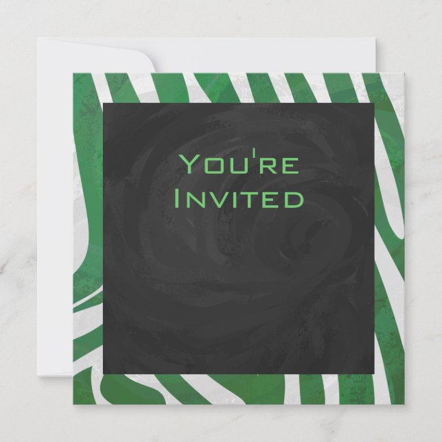 Zebra Monogram Green and White Print Invitation (Front)