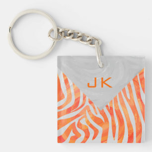 Zebra Monogram Orange and White Key Ring