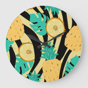 Zebra, monstera, pineapple: summer pattern. large clock