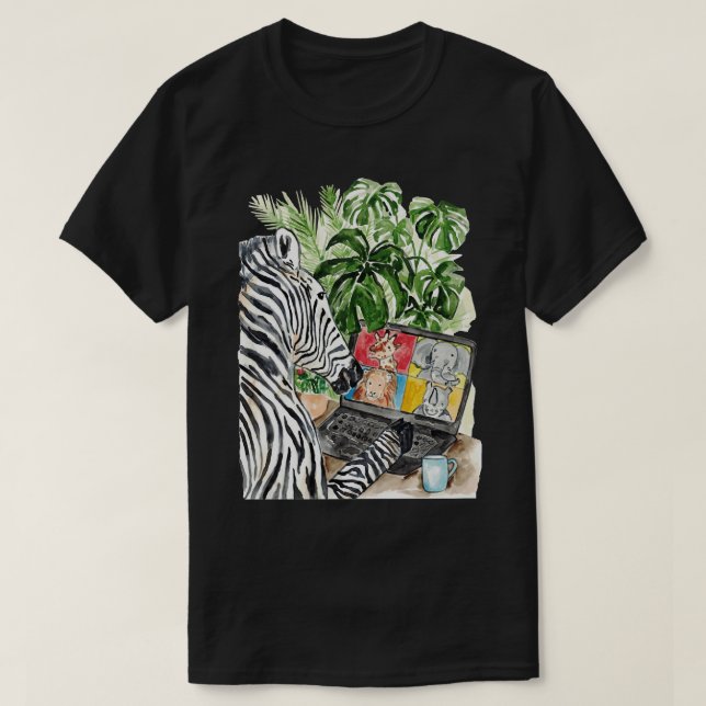 Zebra on zoom call watercolor T-Shirt (Design Front)
