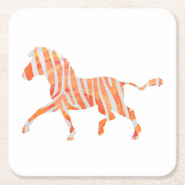 Zebra Orange and White Silhouette Square Paper Coaster (Front)