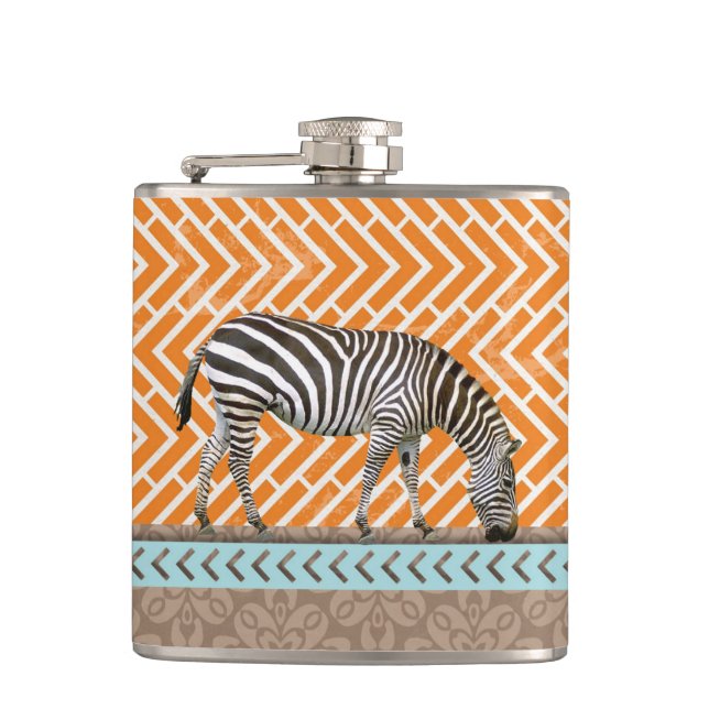 Zebra Orange Chevrons Tan Blue Hip Flask (Front)