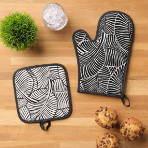 Zebra Palm Hawaiian Tropical  Black and White Oven Mitt & Pot Holder Set