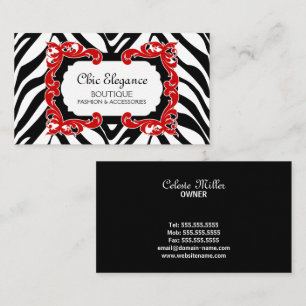 Zebra Pattern and Red Flourish Business Card