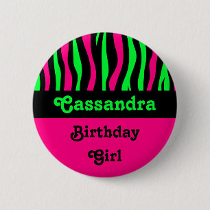 Zebra pattern birthday name 6 cm round badge