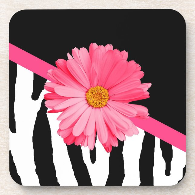 Zebra Pattern Girly Pink Daisy Coaster (Front)