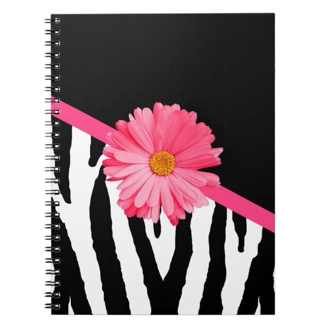 Zebra Pattern Girly Pink Daisy Spiral Notebook (Front)