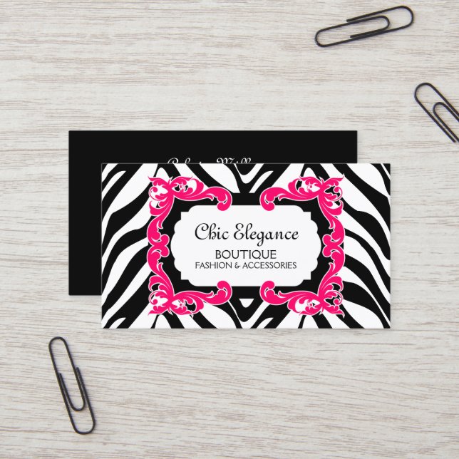Zebra Pattern Pink Flourish Banner Business Card (Front/Back In Situ)