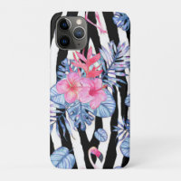 Zebra Pattern With Tropical Hibiscus and Flamingos