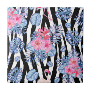Zebra Pattern With Tropical Hibiscus and Flamingos Tile