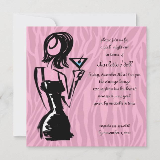 zebra pink; bachelorette invitation (Front)