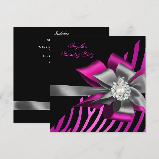 Zebra Pink Black Silver Bow Pearl Birthday Party Invitation (Front/Back)