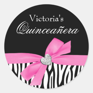 Zebra Pink Bow Diamond Quinceanera Classic Round Sticker