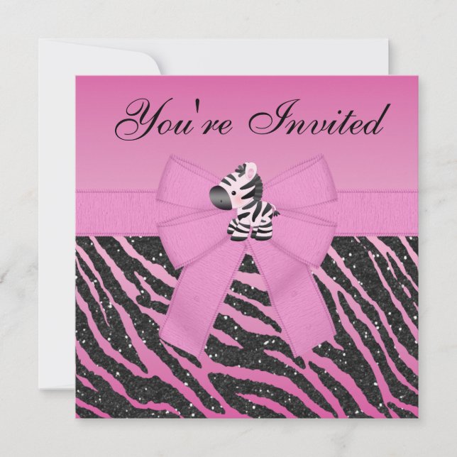 Zebra, Pink Cupcakes & Animal Print Glitter Party Invitation (Front)