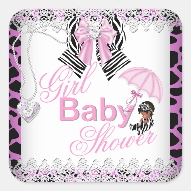 Zebra Pink Girl Baby Shower African American Square Sticker (Front)