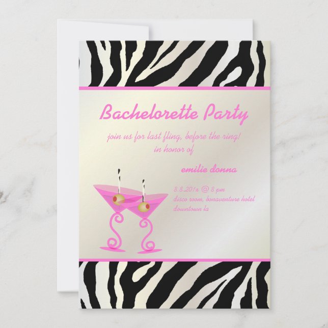 Zebra/pink martini Bachelorette Party Invitation (Front)