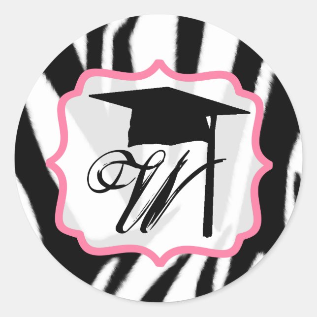 Zebra & Pink Monogram Graduation Cap Sticker (Front)