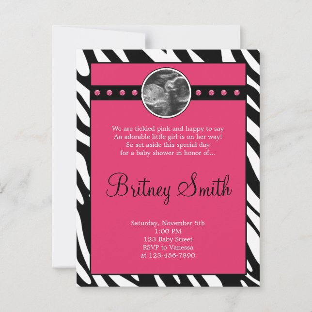Zebra Pink Sonogram Photo Baby Shower Invitation (Front)
