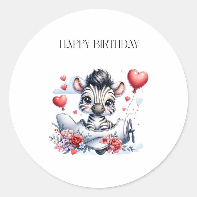 Zebra Plane Birthday Classic Round Sticker (Front)