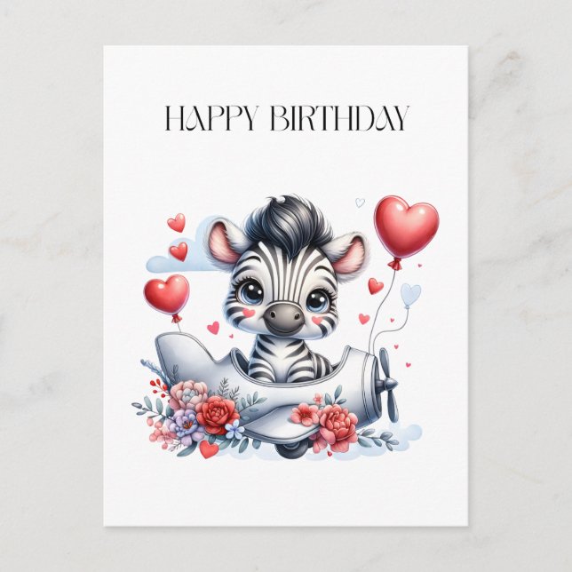 Zebra Plane Birthday Invitation Postcard (Front)