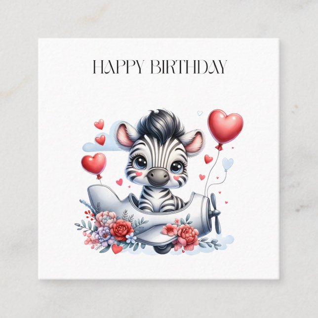 Zebra Plane Birthday Square Business Card (Front)