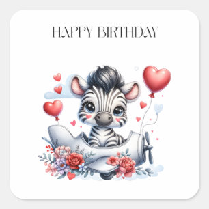 Zebra Plane Birthday Square Sticker