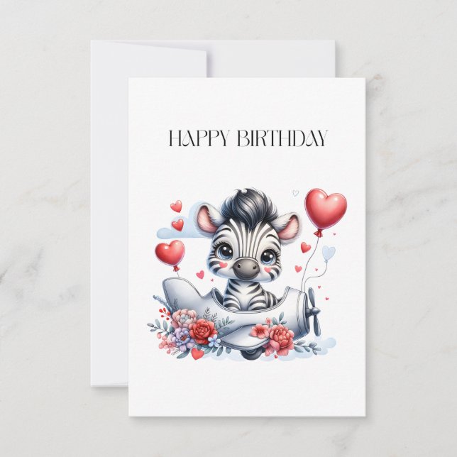 Zebra Plane Birthday Thank You Card (Front)