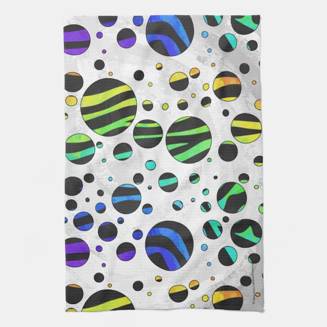 Zebra Polka Dot Black and Rainbow Print Tea Towel (Vertical)